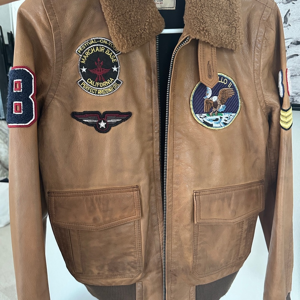 Wilson Tan Leather Bomber Jacket with Aviator Patches